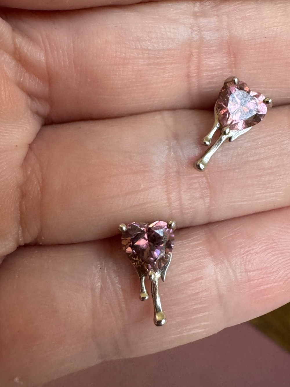 Sterling Silver Pink Crystal Heart-Shaped Drippy Stud Earrings